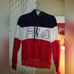 FILA hooded sweater. Size: Womens Med. Colors:red,white,navy blue, gold lace rim